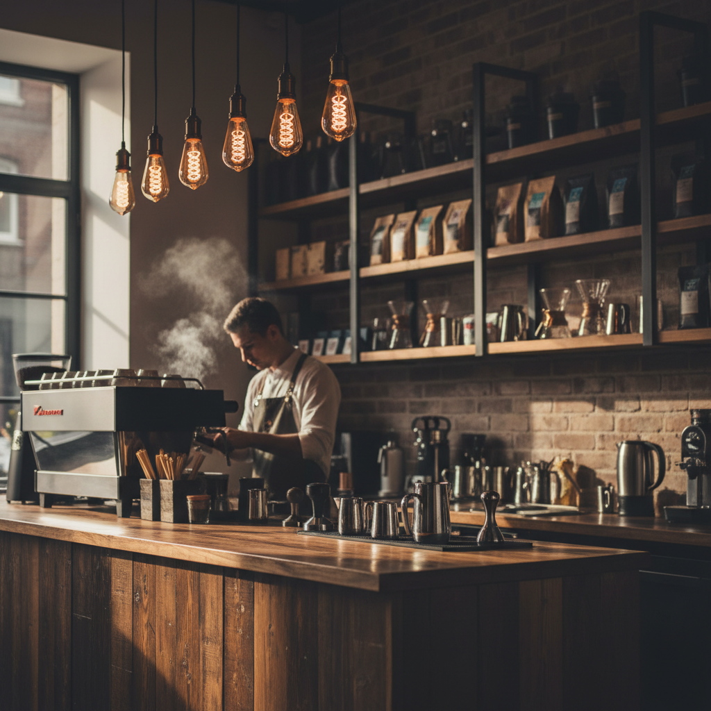 Coffee shop interior with warm lighting